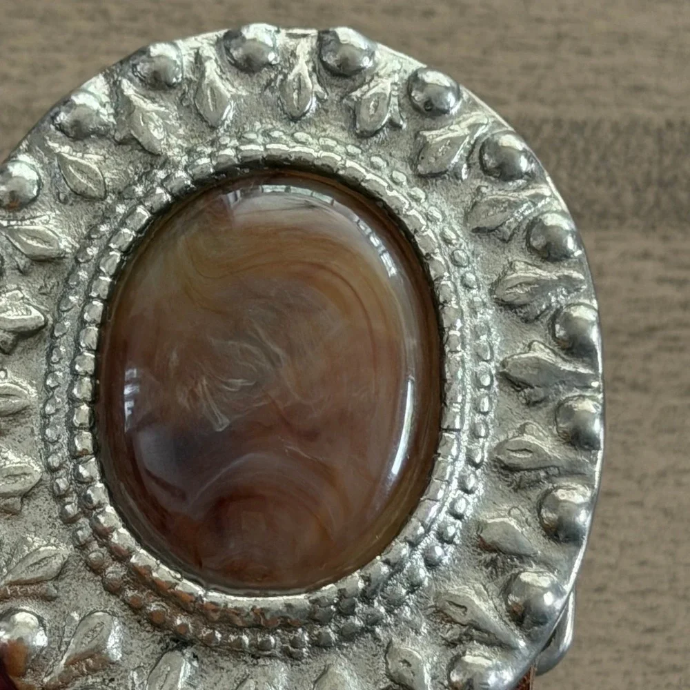 Vintage Brazilian Leather Belt Silvertone Oval Buckle Agate Stone Tan Western L